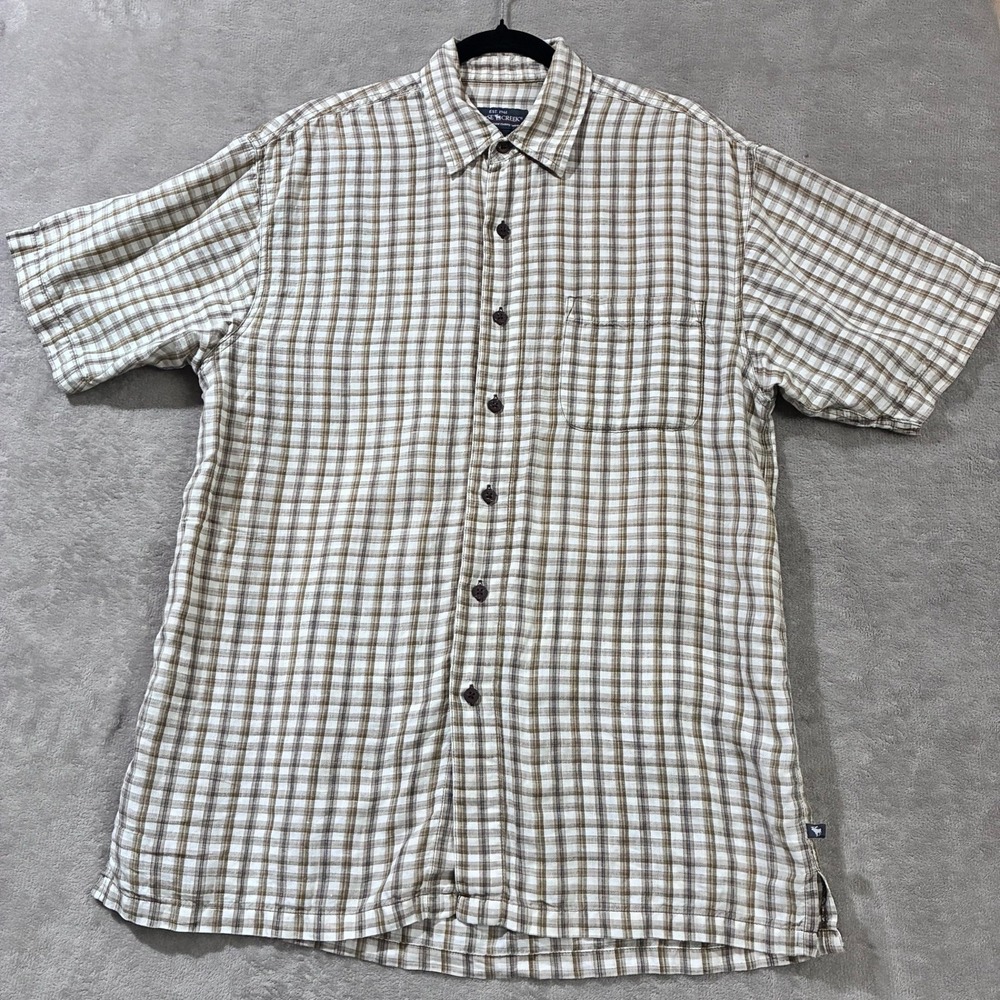 Moose Creek Button Up Shirt Mens Medium Brown Plaid 100% Linen Short Sleeve Top